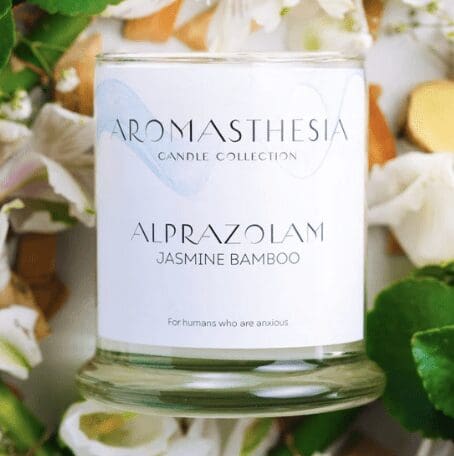 A glass jar candle from the Aromasthesia Candle Collection, labeled 'ALPRAZOLAM - Jasmine Bamboo.' The label features a minimalist design with soft, pastel blue and gray tones, and the tagline 'For humans who are anxious' is written at the bottom. The candle is surrounded by a soft arrangement of flowers and green leaves, creating a serene and calming atmosphere, reflective of the candle's intended purpose to soothe anxiety.